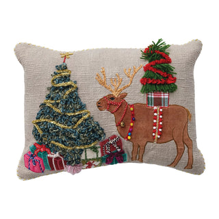 Embroidered Reindeer Festive Pillow