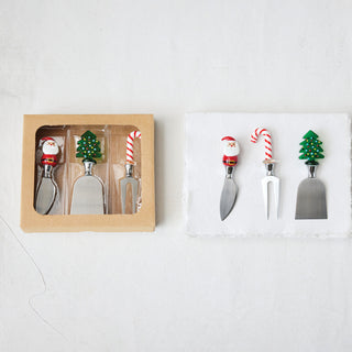 Hand-Blown Glass Holiday Cheese Knives, Boxed Set of 3