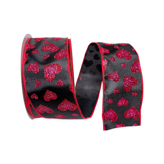 Red and Pink Glitter Hearts on Black Ribbon - 2.5"X10YD