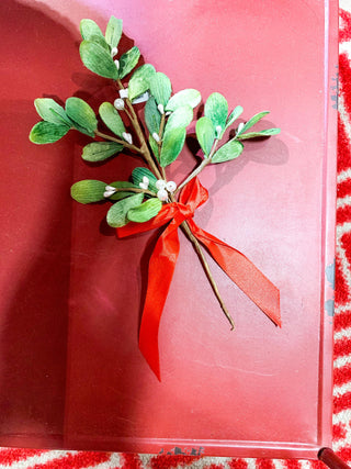 10" Mistletoe Pick with Red Satin Bow